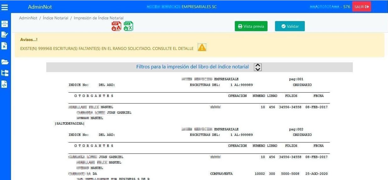 Aviso de escrituras faltantes para la impresión del libro de Índice Notarial