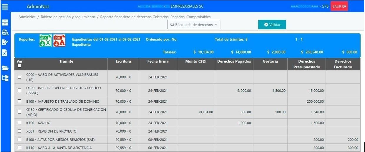 Reporte financiero de derechos cobrados, pagados y comprobables exportable a Excel y/o PDF