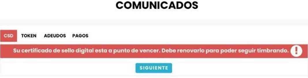 Notificación de vencimiento del Certificado de Sello Digital